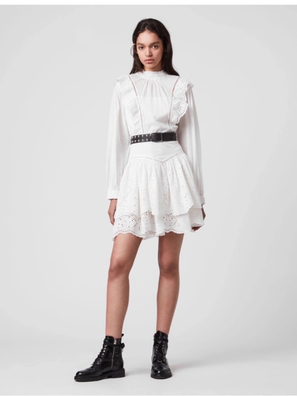 AllSaints White Aislyn Broiderie Eyelet Ruffles Mini Tiered Dress Sz 8